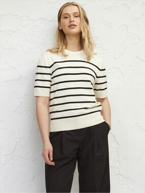 COS Women’s Organic Cotton Regular Off-White/Striped Knitted T-Shirt Size M